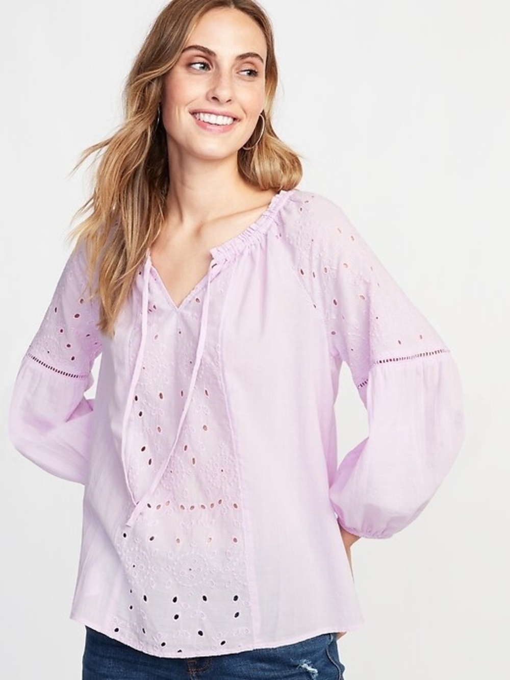3/$30 ☀️ Old Navy Tie-Neck Cutwork Blouse for Women Lilac Purple